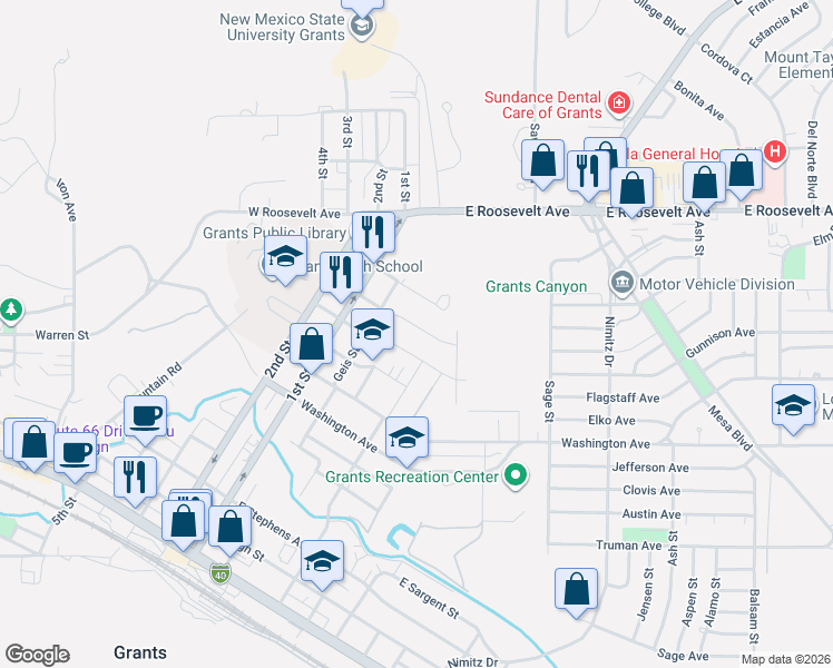 map of restaurants, bars, coffee shops, grocery stores, and more near 212 Adams Avenue in Grants