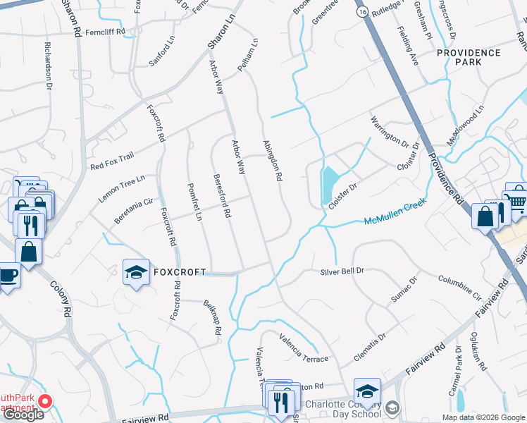 map of restaurants, bars, coffee shops, grocery stores, and more near 4023 Arbor Way in Charlotte