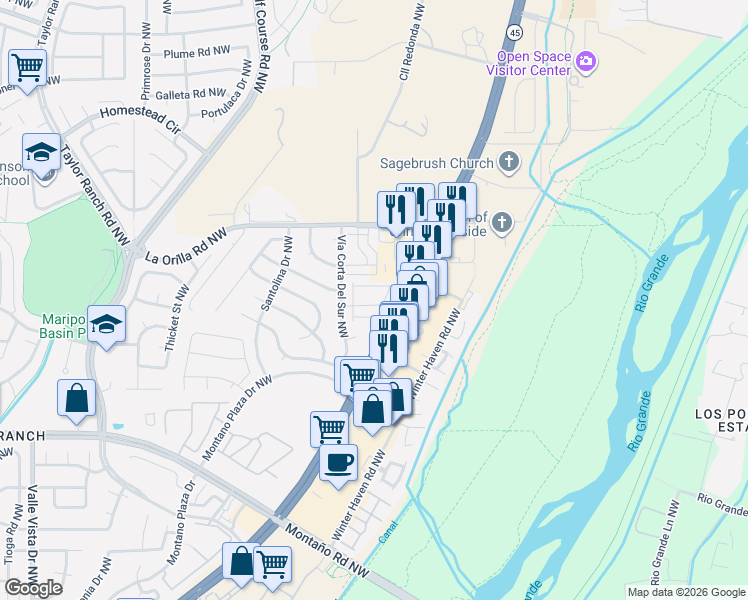 map of restaurants, bars, coffee shops, grocery stores, and more near 4016 Palacio Real Avenue Northwest in Albuquerque