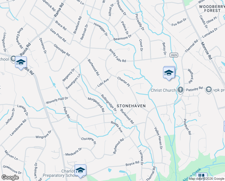 map of restaurants, bars, coffee shops, grocery stores, and more near 6600 Burlwood Road in Charlotte
