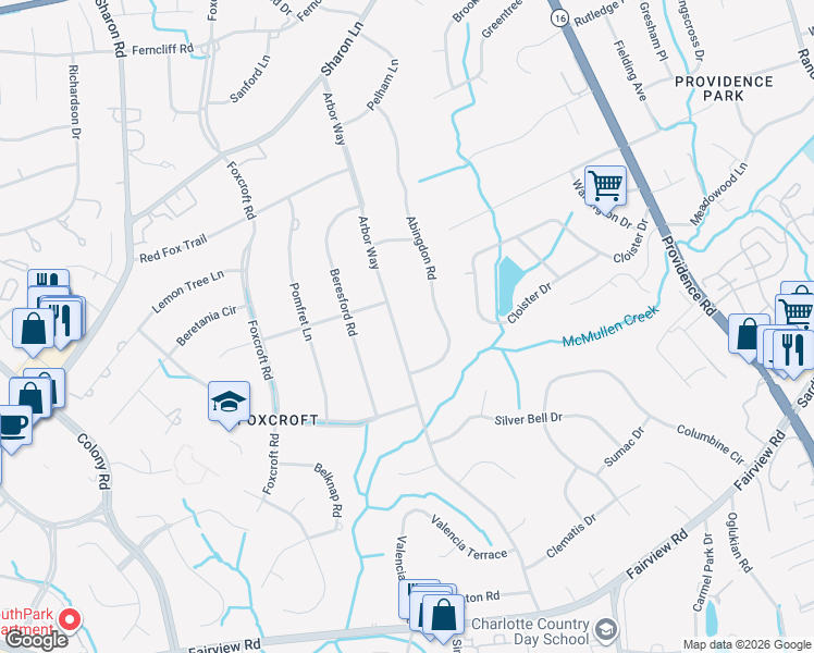 map of restaurants, bars, coffee shops, grocery stores, and more near 4023 Arbor Way in Charlotte