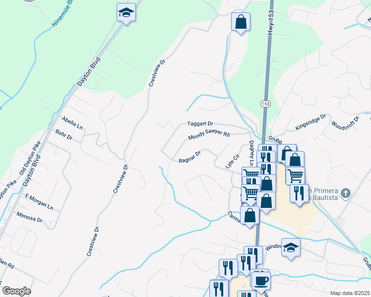 map of restaurants, bars, coffee shops, grocery stores, and more near 5706 Moody Sawyer Road in Chattanooga