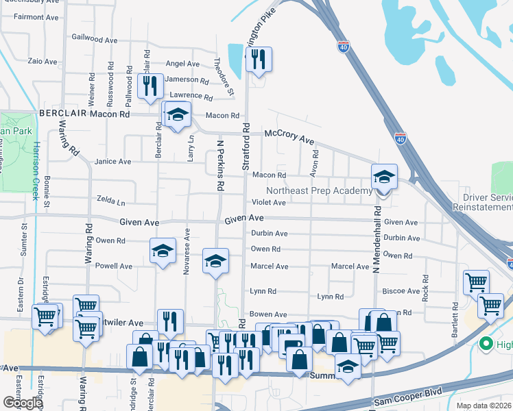 map of restaurants, bars, coffee shops, grocery stores, and more near 950 Stratford Road in Memphis