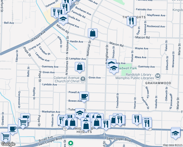 map of restaurants, bars, coffee shops, grocery stores, and more near 914 National Street in Memphis