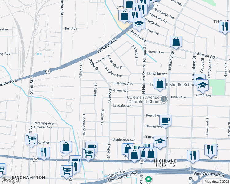 map of restaurants, bars, coffee shops, grocery stores, and more near 3176 Coleman Avenue in Memphis