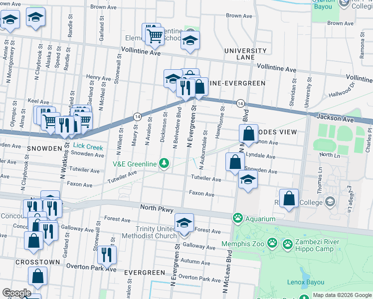 map of restaurants, bars, coffee shops, grocery stores, and more near 696 North Evergreen Street in Memphis
