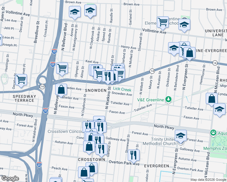 map of restaurants, bars, coffee shops, grocery stores, and more near 1385 Snowden Avenue in Memphis