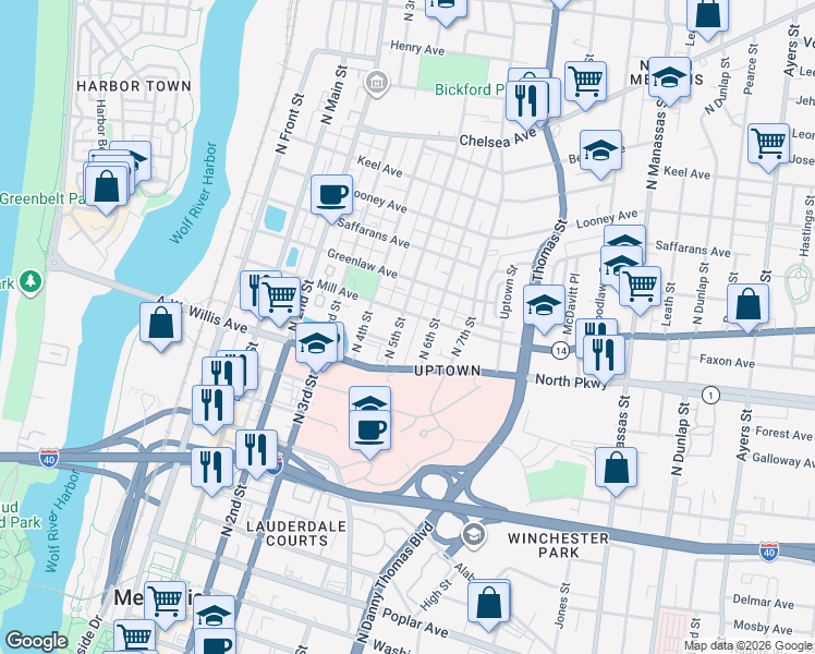 map of restaurants, bars, coffee shops, grocery stores, and more near 504 North 5th Street in Memphis