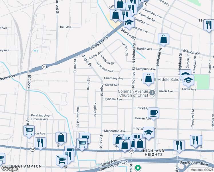 map of restaurants, bars, coffee shops, grocery stores, and more near 3176 Coleman Avenue in Memphis
