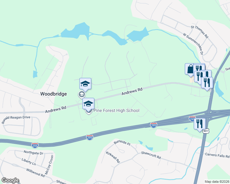 map of restaurants, bars, coffee shops, grocery stores, and more near 421 Dunblane Way in Fayetteville