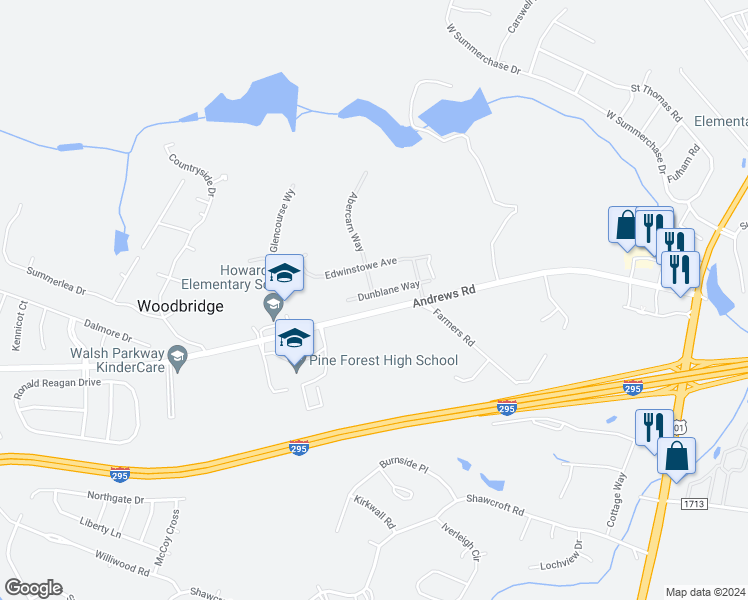 map of restaurants, bars, coffee shops, grocery stores, and more near 425 Dunblane Way in Fayetteville