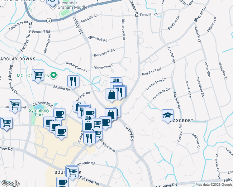 map of restaurants, bars, coffee shops, grocery stores, and more near 721 Governor Morrison Street in Charlotte