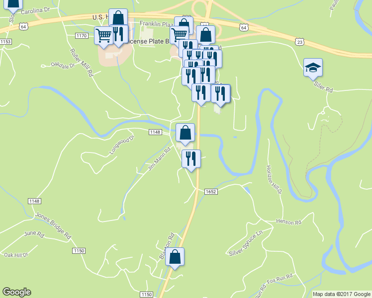 map of restaurants, bars, coffee shops, grocery stores, and more near 1281 Georgia Road in Franklin