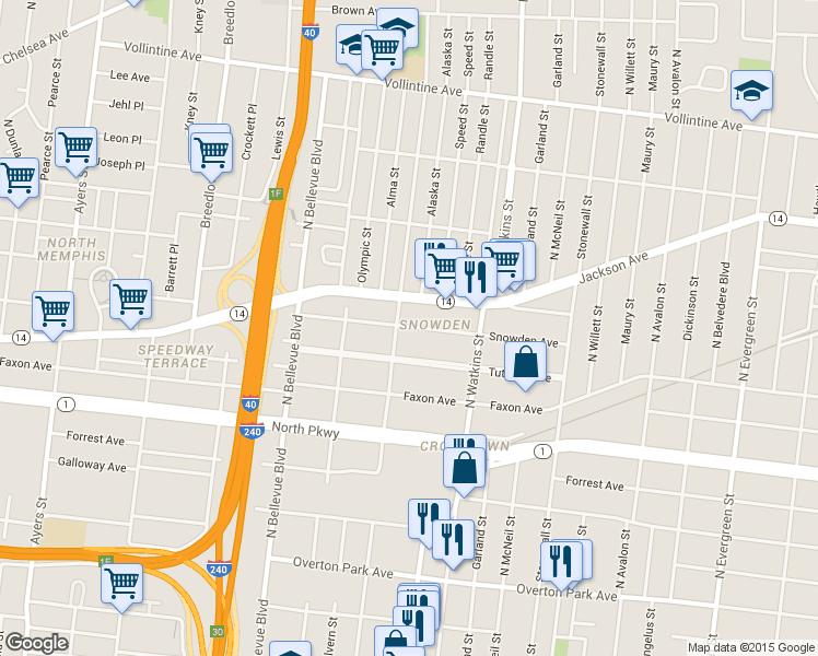 map of restaurants, bars, coffee shops, grocery stores, and more near 1313 Snowden Ave in Memphis