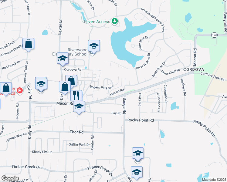 map of restaurants, bars, coffee shops, grocery stores, and more near 8678 Macon Road in Memphis