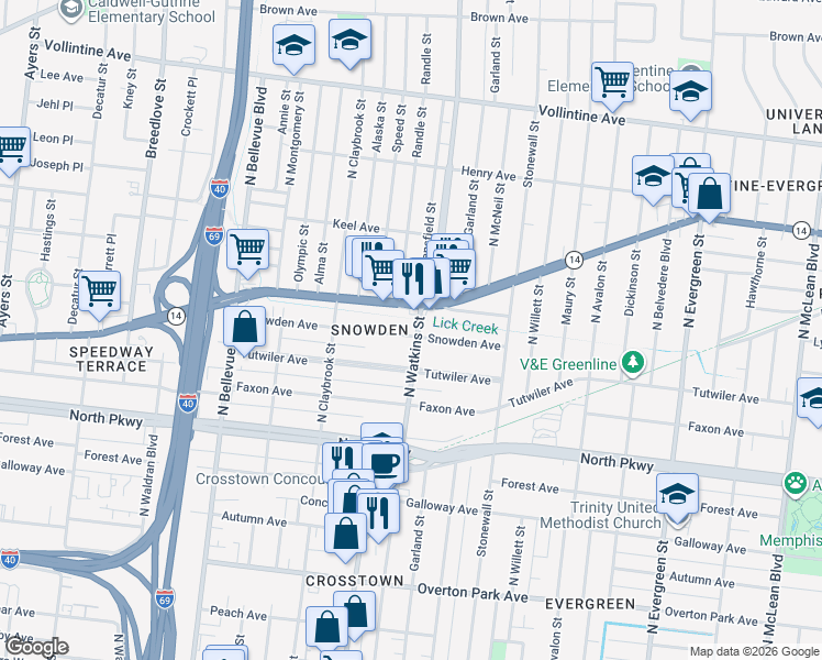 map of restaurants, bars, coffee shops, grocery stores, and more near 1385 Snowden Avenue in Memphis