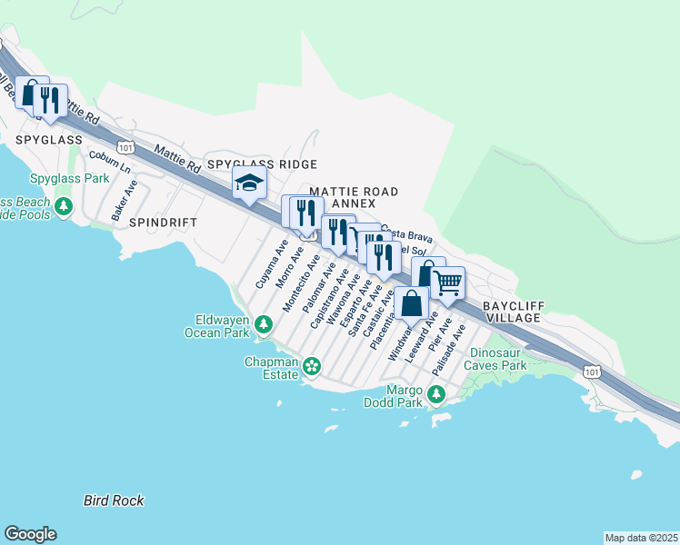map of restaurants, bars, coffee shops, grocery stores, and more near 126 Capistrano Avenue in Pismo Beach