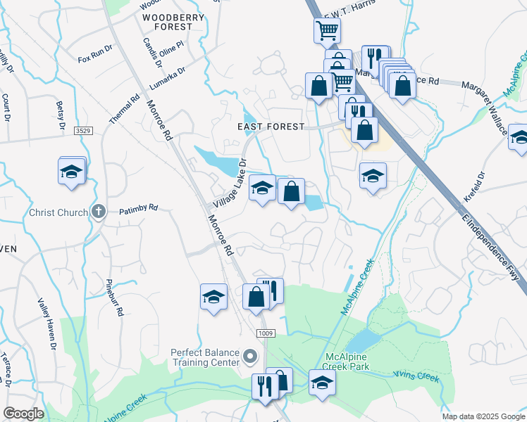 map of restaurants, bars, coffee shops, grocery stores, and more near 8301 Monroe Road in Charlotte