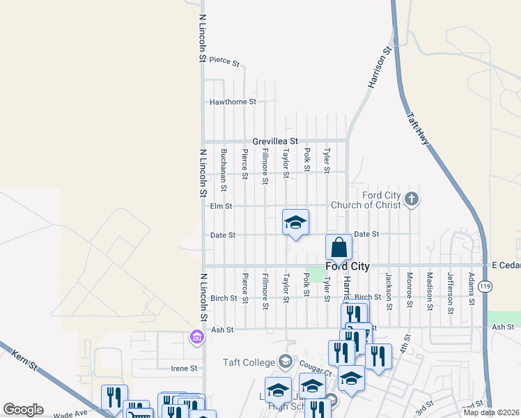 map of restaurants, bars, coffee shops, grocery stores, and more near 413 Fillmore Street in Taft