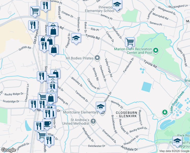map of restaurants, bars, coffee shops, grocery stores, and more near 908 Burnley Road in Charlotte