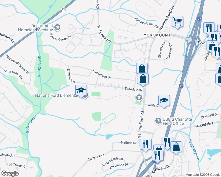 map of restaurants, bars, coffee shops, grocery stores, and more near 401 Echodale Drive in Charlotte