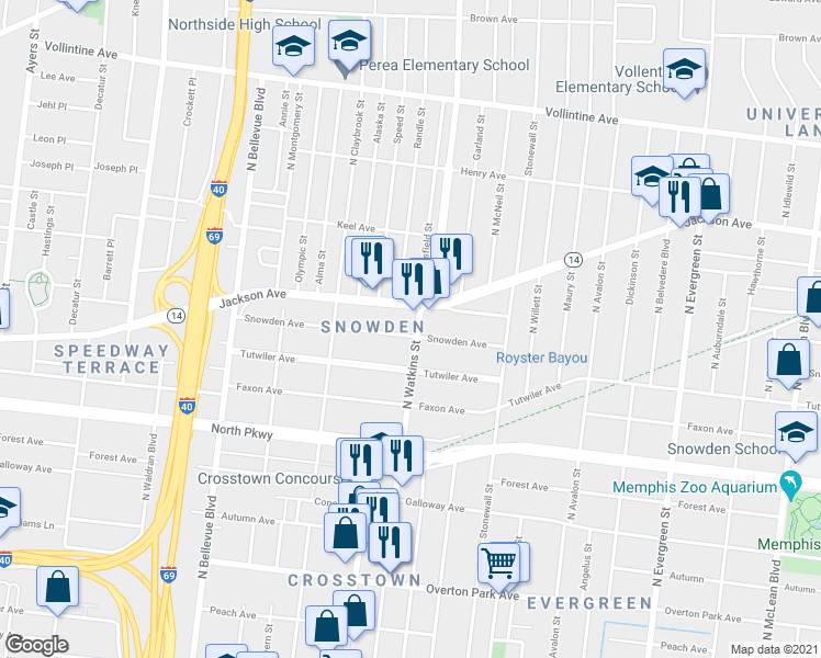 map of restaurants, bars, coffee shops, grocery stores, and more near 1385 Snowden Avenue in Memphis