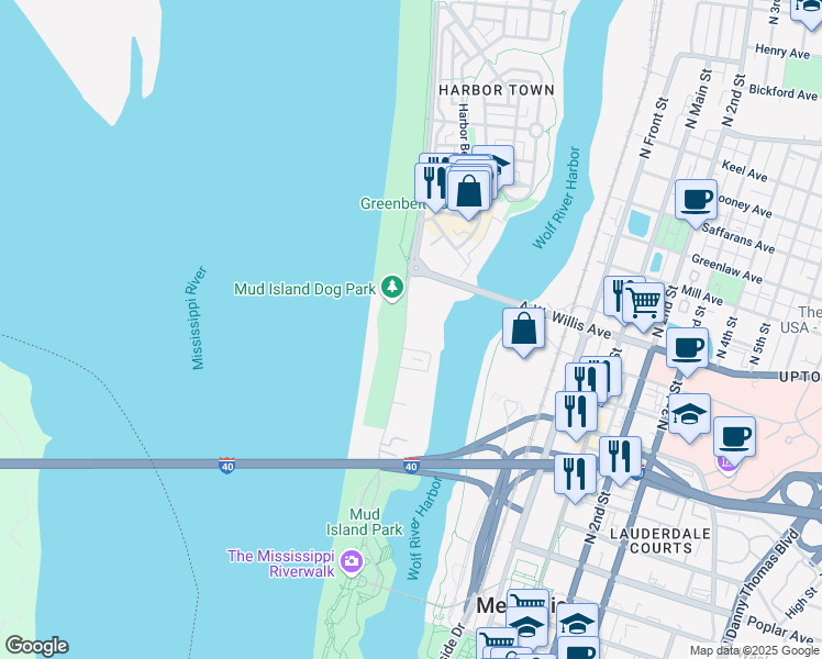map of restaurants, bars, coffee shops, grocery stores, and more near 19 Island Drive in Memphis
