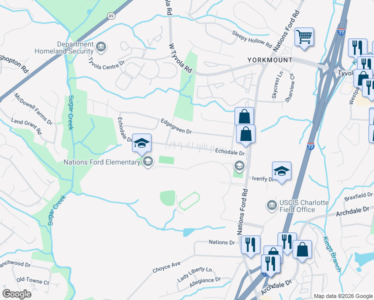 map of restaurants, bars, coffee shops, grocery stores, and more near 401 Echodale Drive in Charlotte