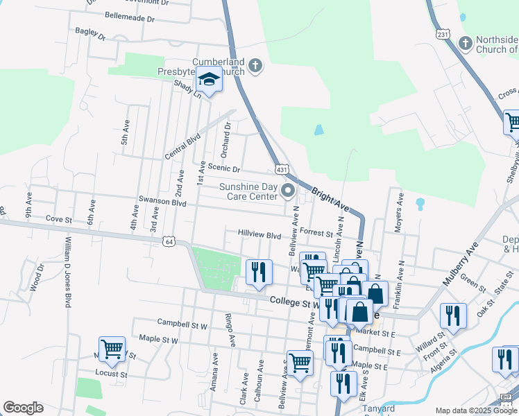map of restaurants, bars, coffee shops, grocery stores, and more near 500 Swanson Boulevard in Fayetteville