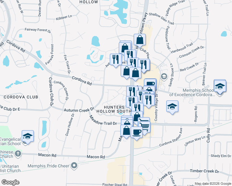map of restaurants, bars, coffee shops, grocery stores, and more near 7965 Humphreys Hill Drive in Memphis