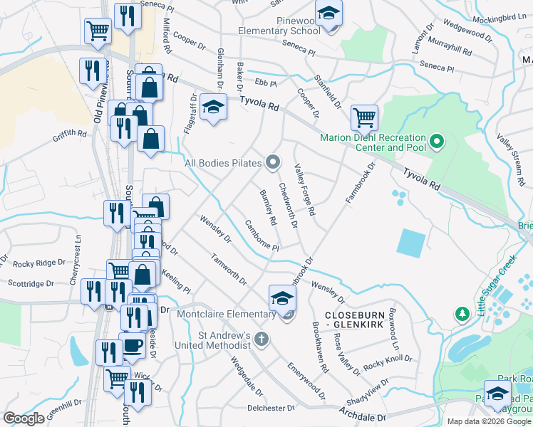 map of restaurants, bars, coffee shops, grocery stores, and more near 908 Burnley Road in Charlotte