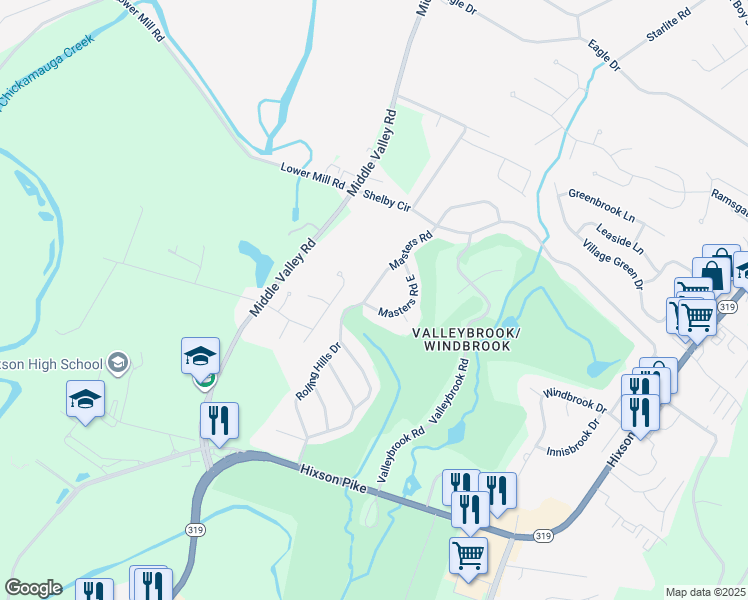 map of restaurants, bars, coffee shops, grocery stores, and more near 201 Masters Road East in Chattanooga
