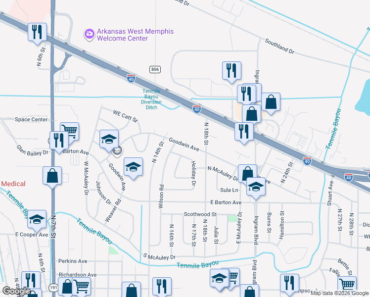 map of restaurants, bars, coffee shops, grocery stores, and more near 806 McAuley Circle in West Memphis