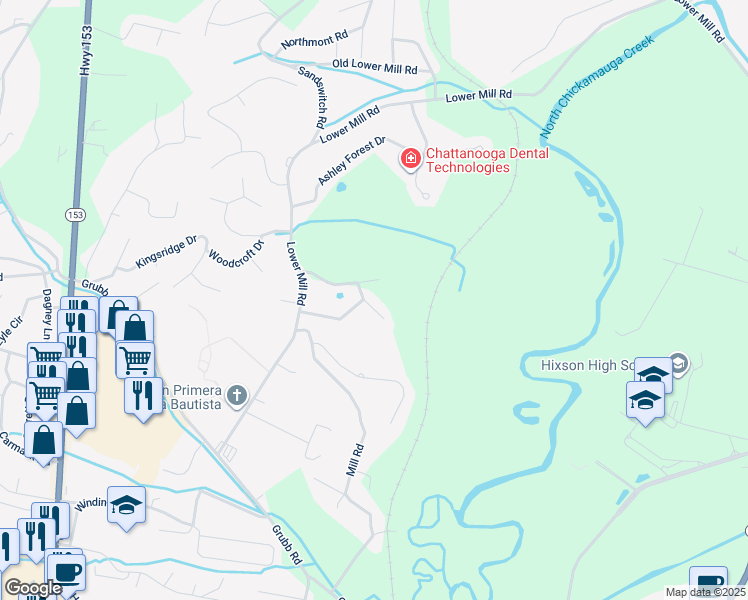 map of restaurants, bars, coffee shops, grocery stores, and more near 807 Fox Chase Drive in Chattanooga