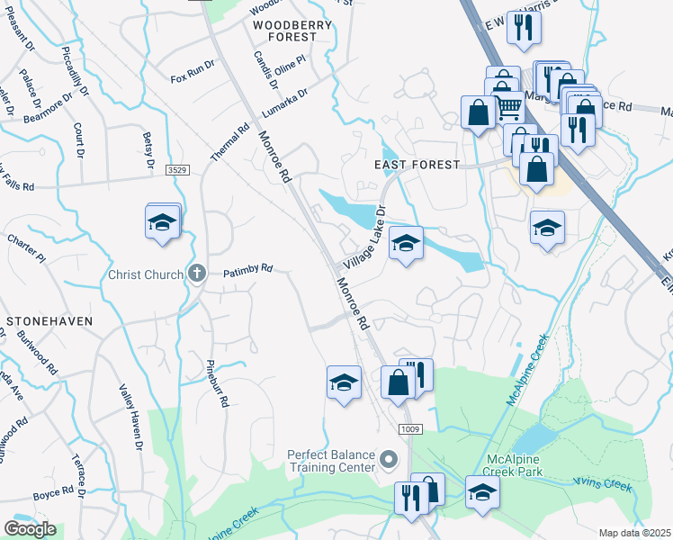 map of restaurants, bars, coffee shops, grocery stores, and more near Monroe Rd & Village Lake Dr in Charlotte