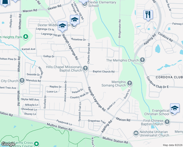 map of restaurants, bars, coffee shops, grocery stores, and more near 7153 Charlton Way in Shelby County
