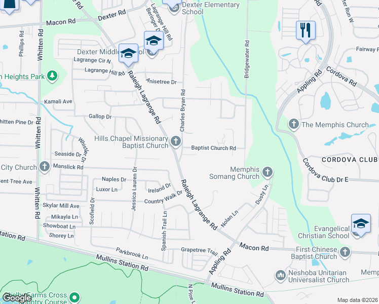 map of restaurants, bars, coffee shops, grocery stores, and more near 7153 Charlton Way in Shelby County