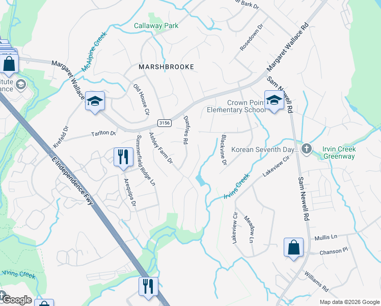 map of restaurants, bars, coffee shops, grocery stores, and more near 10017 Dunfries Road in Matthews