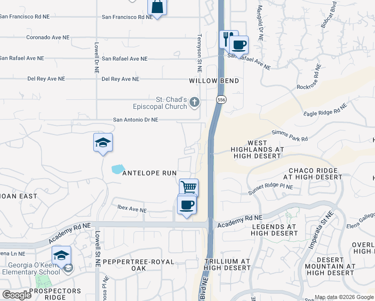 map of restaurants, bars, coffee shops, grocery stores, and more near 6601 Tennyson Street Northeast in Albuquerque