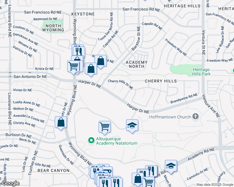 map of restaurants, bars, coffee shops, grocery stores, and more near 6900 Cherry Hills Place Northeast in Albuquerque
