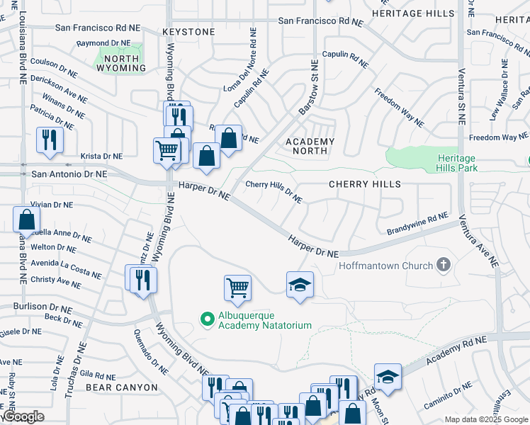 map of restaurants, bars, coffee shops, grocery stores, and more near 6900 Cherry Hills Place Northeast in Albuquerque