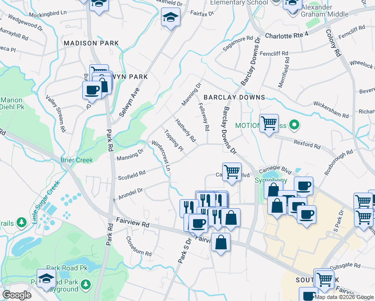 map of restaurants, bars, coffee shops, grocery stores, and more near 331 Scofield Road in Charlotte