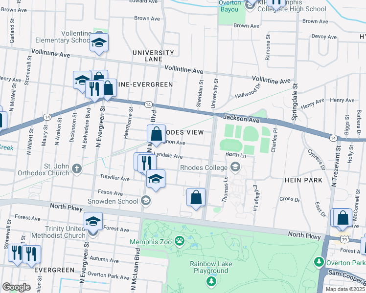 map of restaurants, bars, coffee shops, grocery stores, and more near 1930 Lyndale Avenue in Memphis