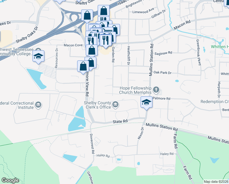 map of restaurants, bars, coffee shops, grocery stores, and more near 1175 Garden Road in Memphis