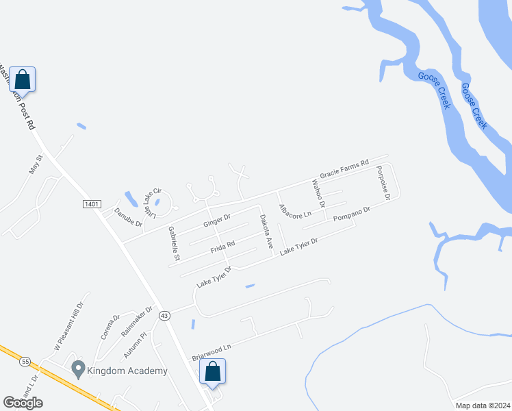map of restaurants, bars, coffee shops, grocery stores, and more near 420 Ginger Drive in New Bern