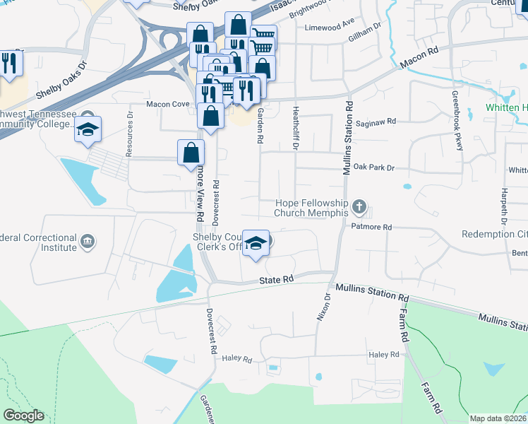 map of restaurants, bars, coffee shops, grocery stores, and more near 1175 Garden Road in Memphis