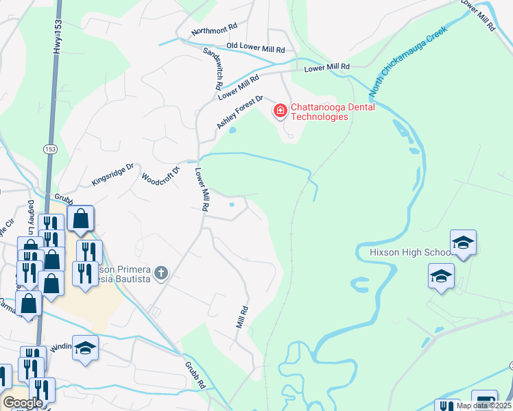map of restaurants, bars, coffee shops, grocery stores, and more near 807 Fox Chase Drive in Chattanooga