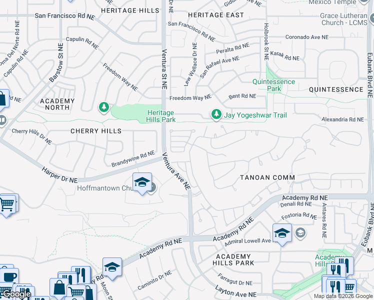 map of restaurants, bars, coffee shops, grocery stores, and more near 9209 Preston Trail Northeast in Albuquerque