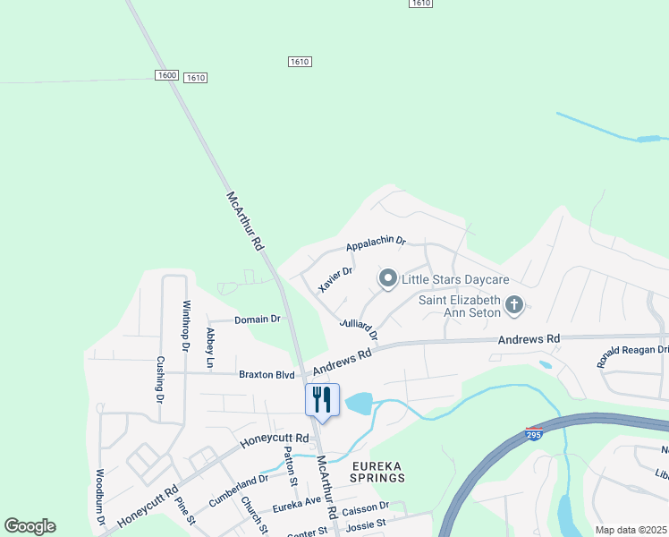 map of restaurants, bars, coffee shops, grocery stores, and more near 1026 Xavier Drive in Fayetteville