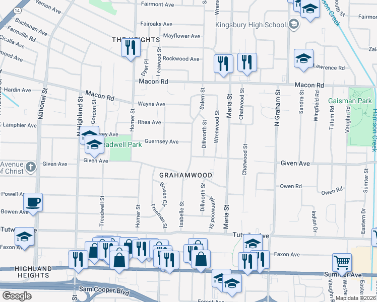 map of restaurants, bars, coffee shops, grocery stores, and more near 941 Isabelle Street in Memphis